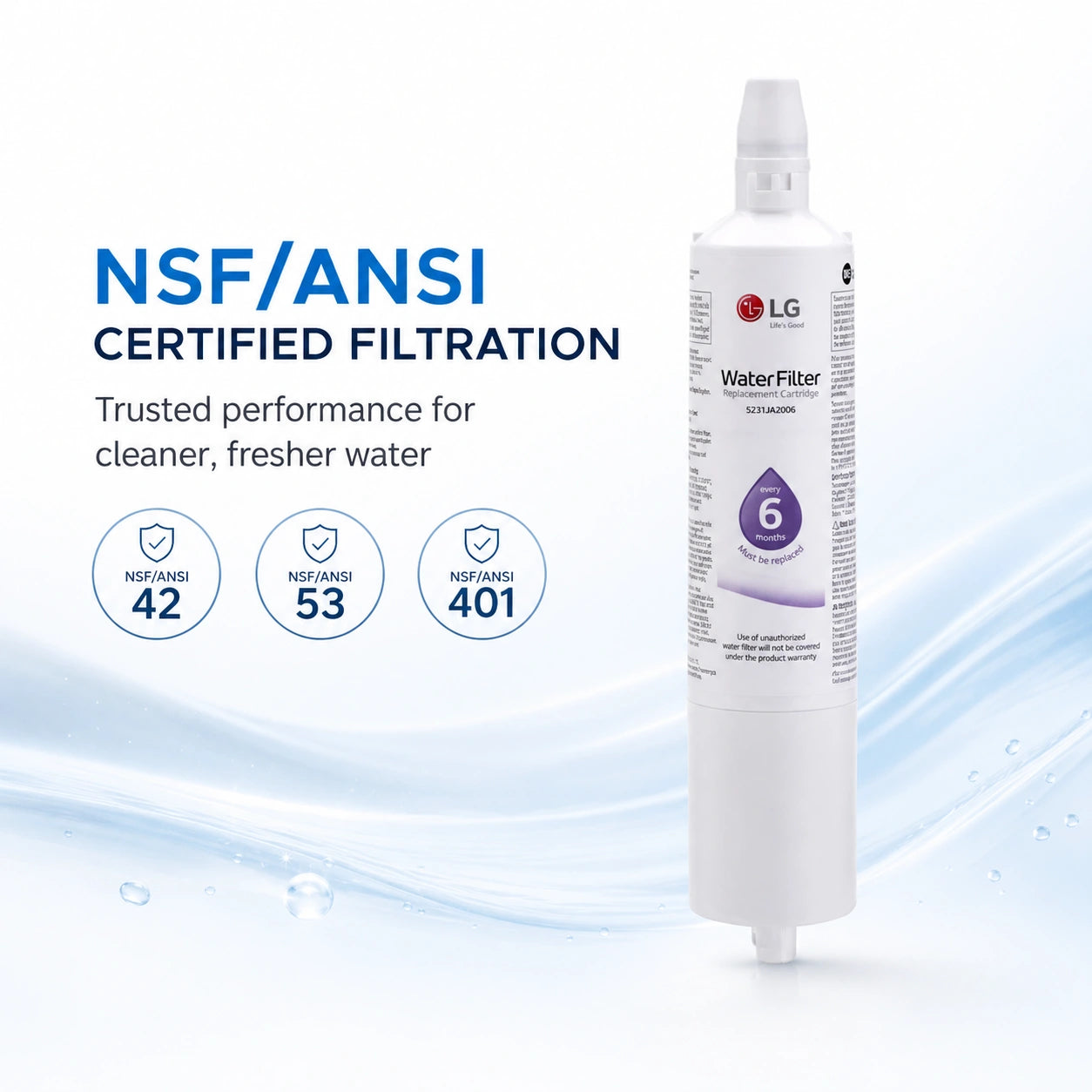 LG LT600P refrigerator water filter replacement cartridge with NSF/ANSI 42, 53, and 401 certified filtration, reduces contaminants for cleaner, fresher drinking water