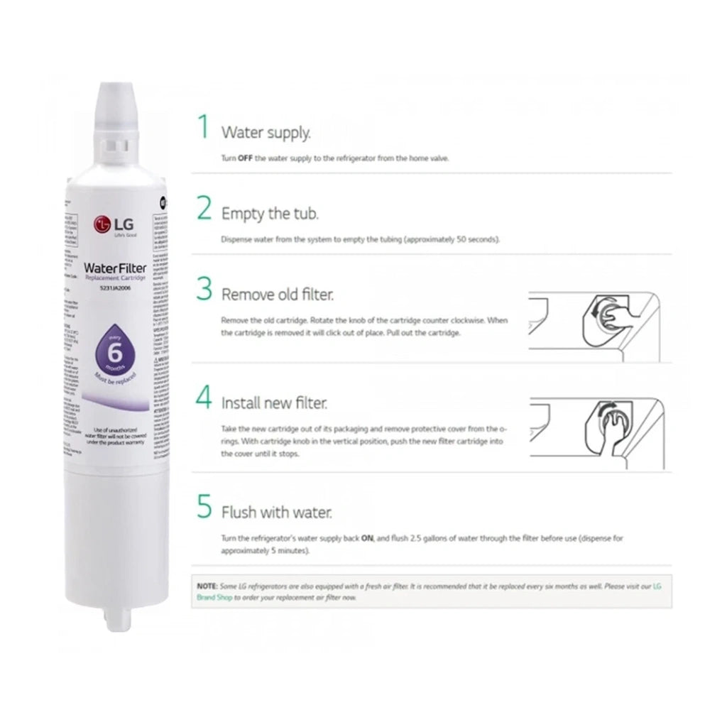 LG water filter cartridge with installation instructions on a white background
