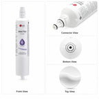 LG LT600P refrigerator water filter replacement cartridge multi-view image showing front view, connector detail, bottom inlet, and top cap design for proper fit and installation