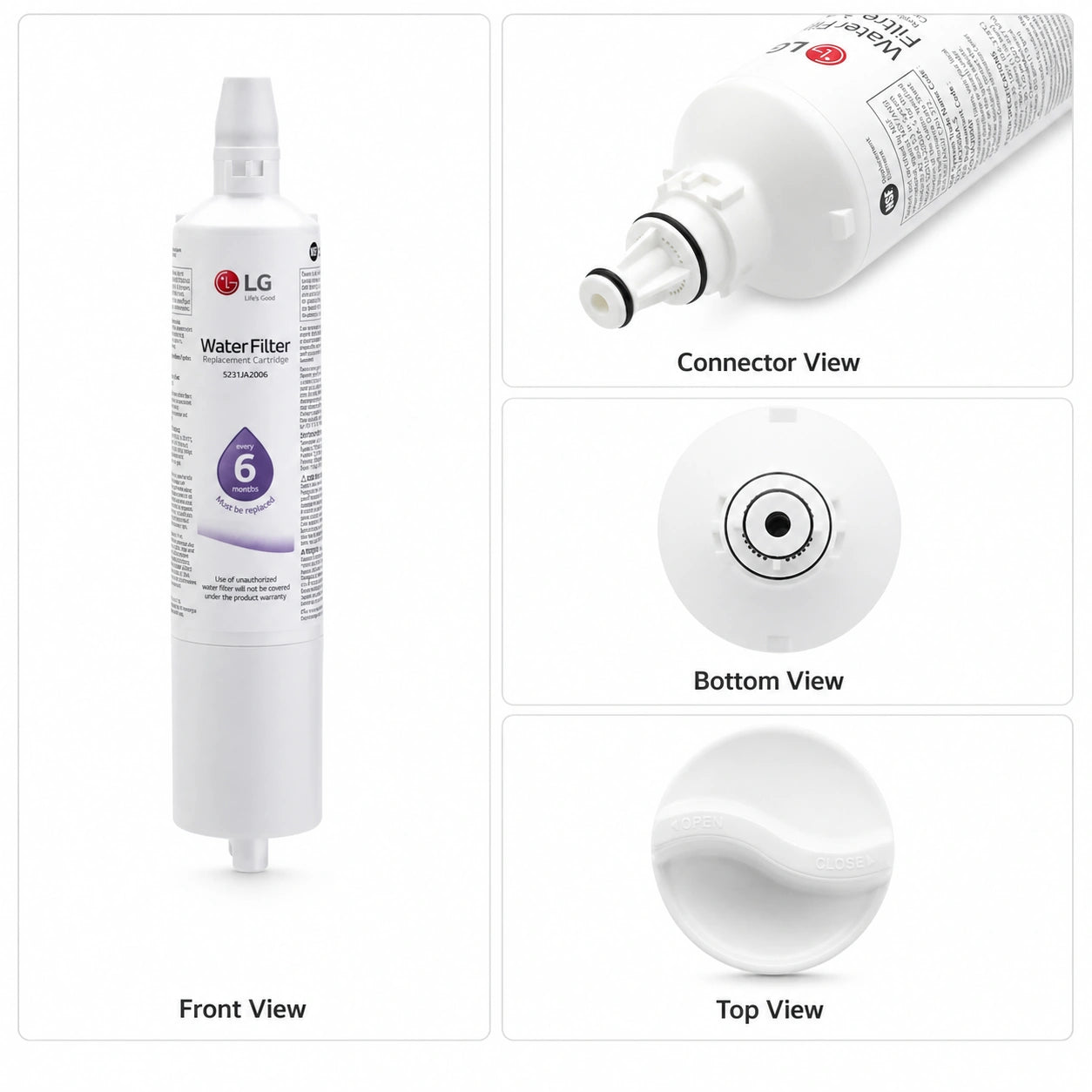 LG LT600P refrigerator water filter replacement cartridge multi-view image showing front view, connector detail, bottom inlet, and top cap design for proper fit and installation