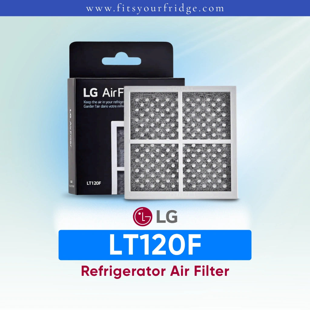 LG LT120F refrigerator air filter with packaging on a light blue background