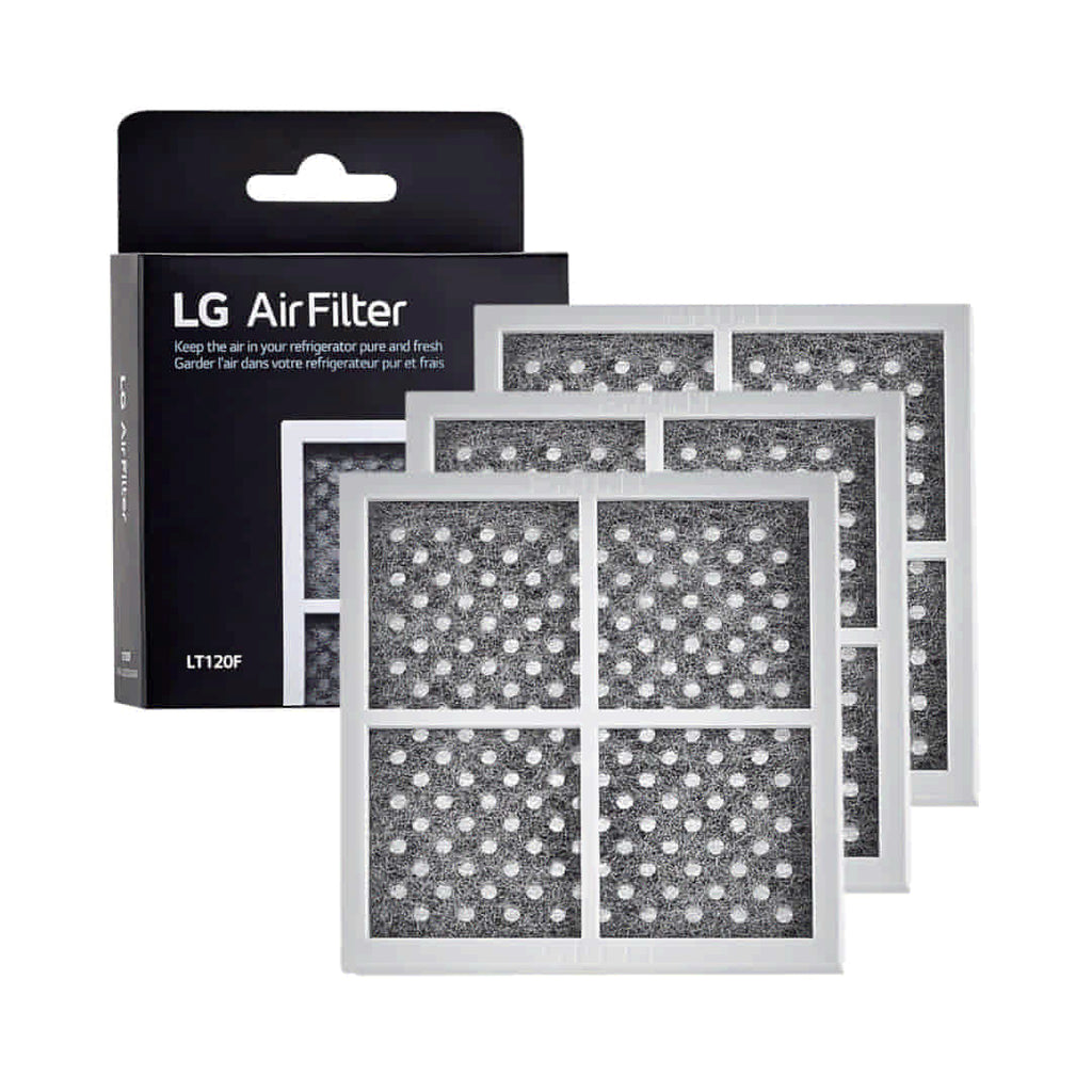 3 Pack LG Refrigerator LT120F Fresh Air Filter Replacement Cartridge packaging with three filters displayed in front