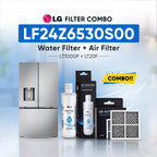 LG refrigerator LF24Z6530S00 water filter and air filter set shown with a stainless steel refrigerator, two LG Water Filter bottles, two LG Air Filter boxes, and two rectangular air filters on a light blue background with promotional text.