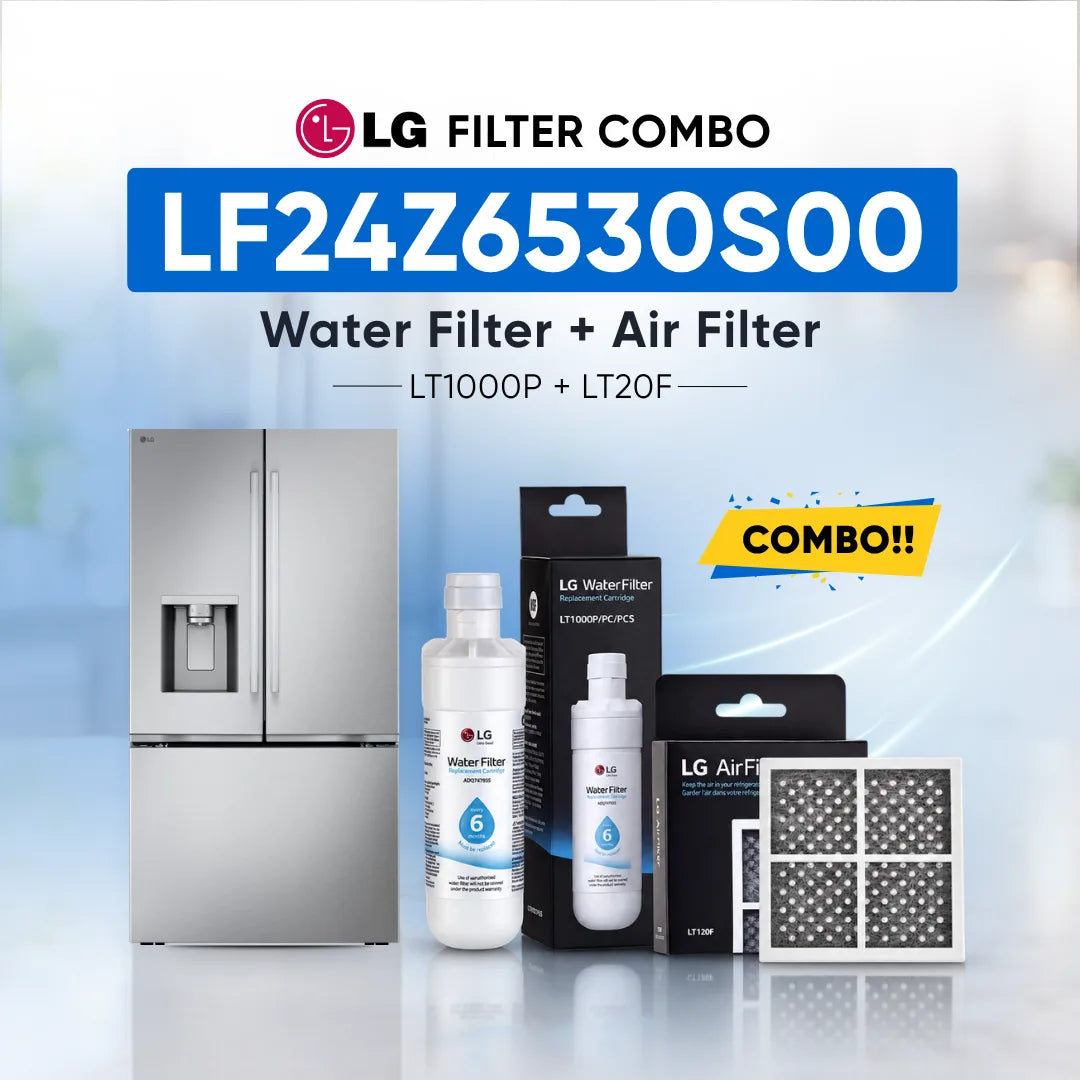 LG refrigerator LF24Z6530S00 water filter and air filter set shown with a stainless steel refrigerator, two LG Water Filter bottles, two LG Air Filter boxes, and two rectangular air filters on a light blue background with promotional text.