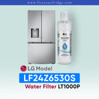 LG LF24Z6530S refrigerator with water filter and bottle on a light blue background