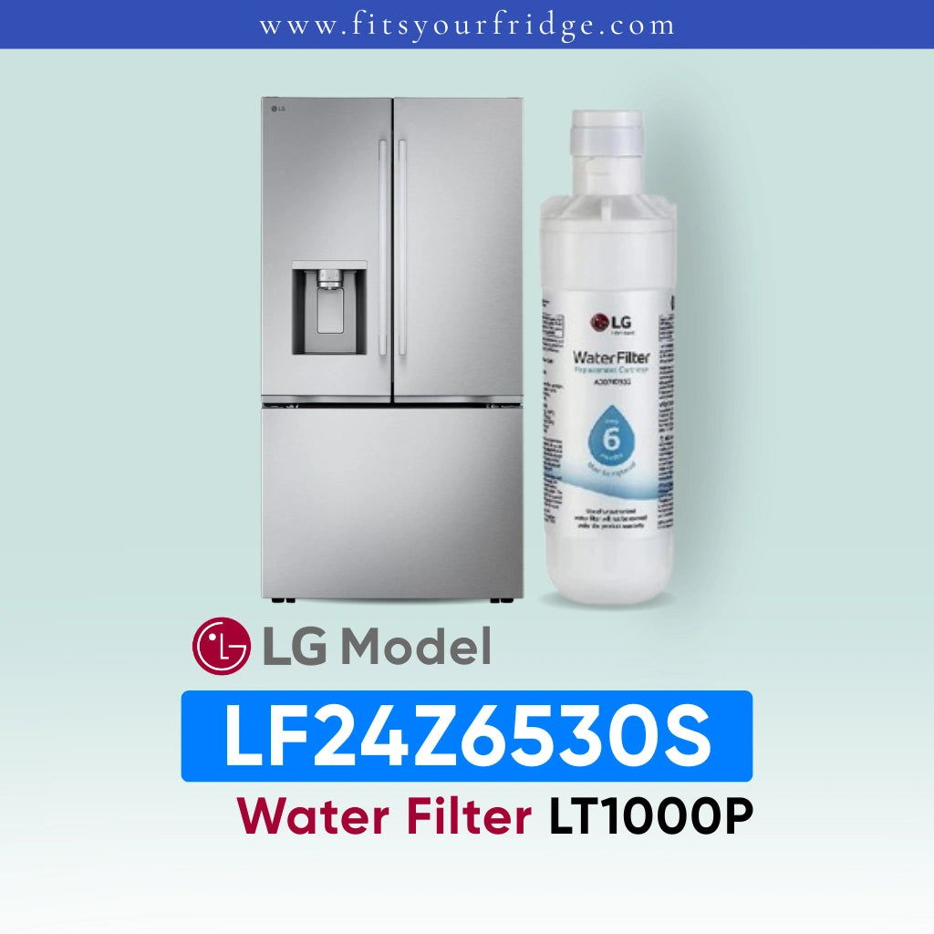 LG LF24Z6530S refrigerator with water filter and bottle on a light blue background