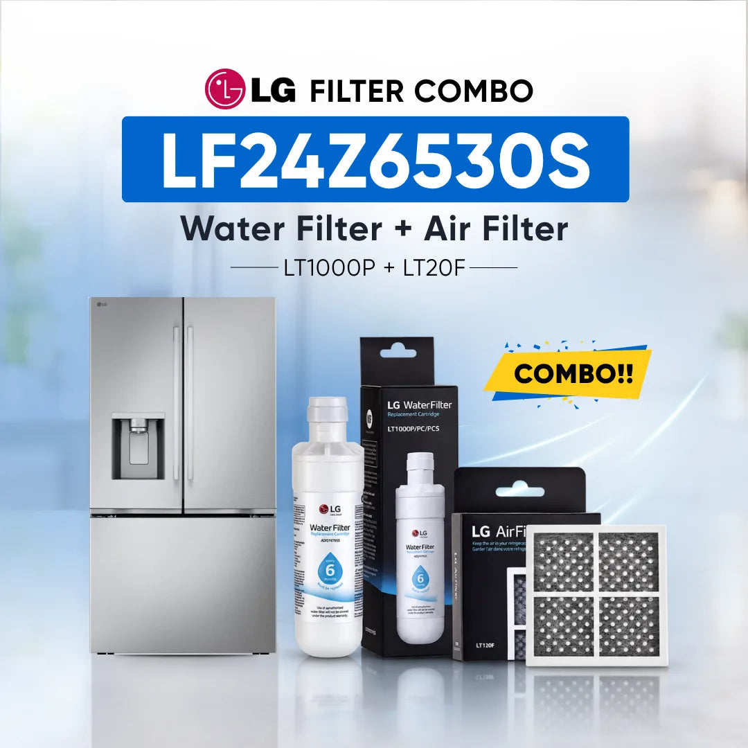 LG refrigerator LF24Z6530S water filter and air filter set shown with a stainless steel refrigerator, two LG Water Filter bottles, two LG Air Filter boxes, and two rectangular air filters on a light blue background with promotional text.