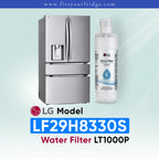LG LF29H8330S refrigerator with compatible LG LT1000P water filter shown beside a stainless steel French door refrigerator, FitsYourFridge compatibility image for replacement refrigerator water filter.