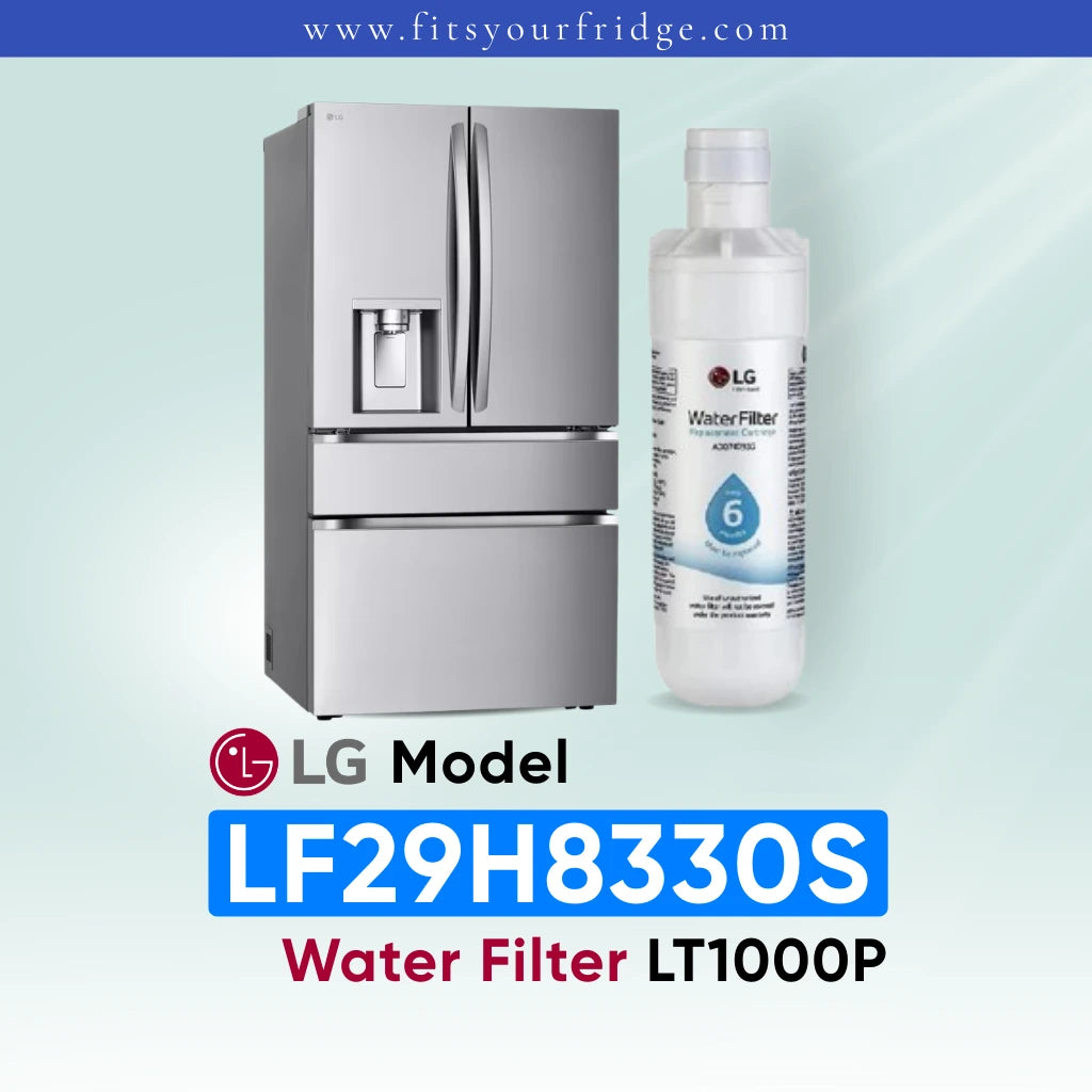 LG LF29H8330S refrigerator with compatible LG LT1000P water filter shown beside a stainless steel French door refrigerator, FitsYourFridge compatibility image for replacement refrigerator water filter.