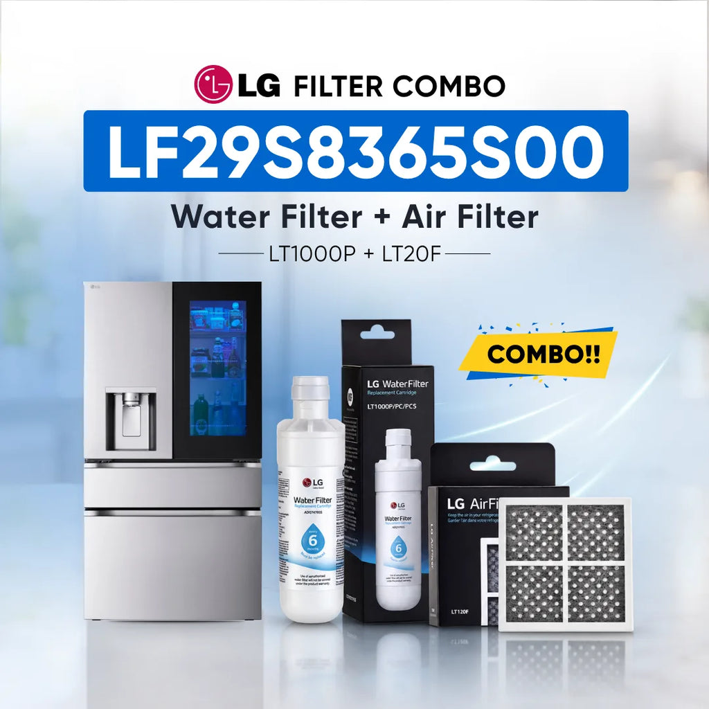LG refrigerator LF29S8365S00 water filter and air filter set shown with a stainless steel refrigerator, two LG Water Filter bottles, two LG Air Filter boxes, and two rectangular air filters on a light blue background with promotional text.