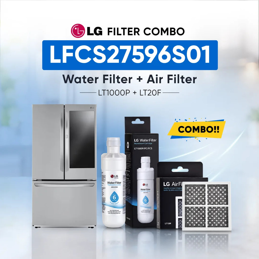 LG refrigerator LFCS27596S01 water filter and air filter set shown with a stainless steel refrigerator, two LG Water Filter bottles, two LG Air Filter boxes, and two rectangular air filters on a light blue background with promotional text.