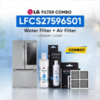 LG refrigerator LFCS27596S01 water filter and air filter set shown with a stainless steel refrigerator, two LG Water Filter bottles, two LG Air Filter boxes, and two rectangular air filters on a light blue background with promotional text.