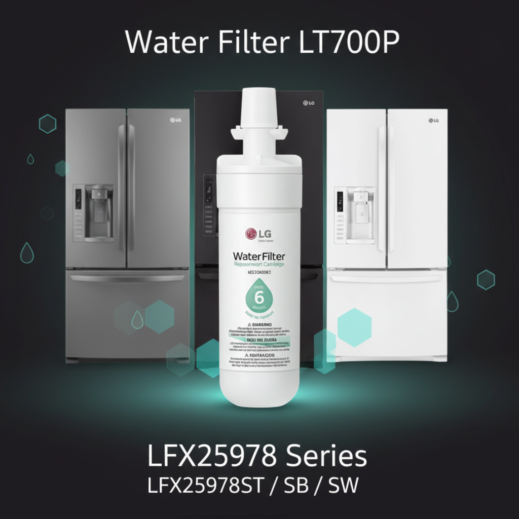 LG water filter LT700P with LG refrigerators in the background