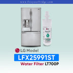 LG LFX25991ST refrigerator with water filter on a light blue background