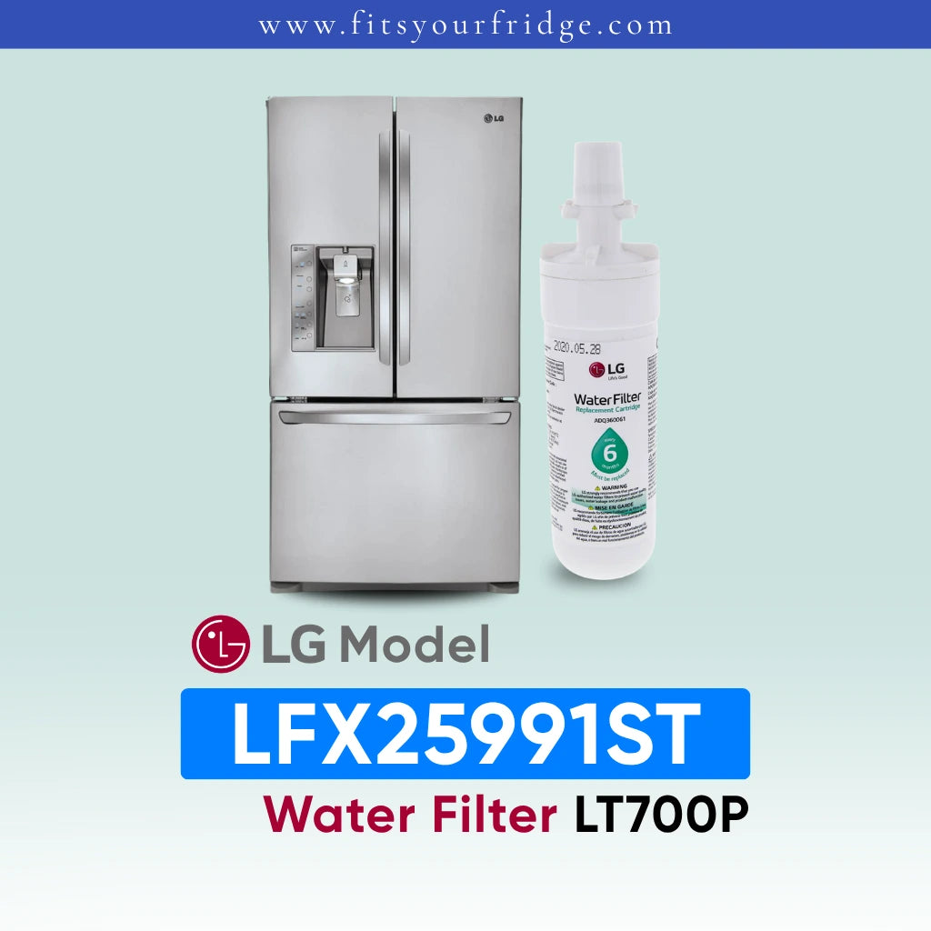 LG LFX25991ST refrigerator with water filter on a light blue background