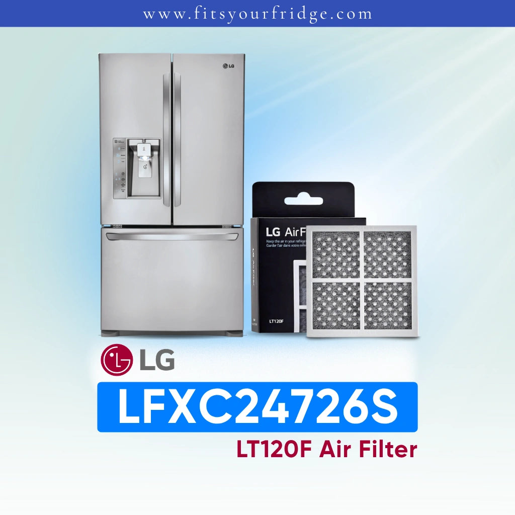 LG refrigerator LFXC24726S with air filter packaging on a light blue background
