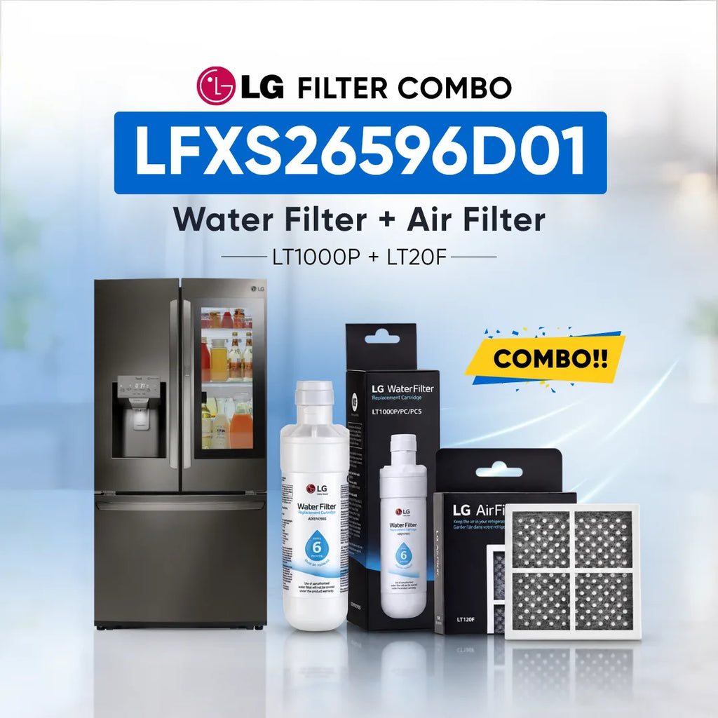 LG refrigerator LFXS26596D01 water filter and air filter set shown with a stainless steel refrigerator, two LG Water Filter bottles, two LG Air Filter boxes, and two rectangular air filters on a light blue background with promotional text.