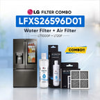 LG refrigerator LFXS26596D01 water filter and air filter set shown with a stainless steel refrigerator, two LG Water Filter bottles, two LG Air Filter boxes, and two rectangular air filters on a light blue background with promotional text.