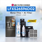 LG Filter Combo LF29H8330S02 water filter and air filter set shown with a stainless steel refrigerator, LG Water Filter bottle, LG Water Filter cartridge box, LG Air Filter box, and a replacement air filter on a light blue background with product text and a yellow combo badge.