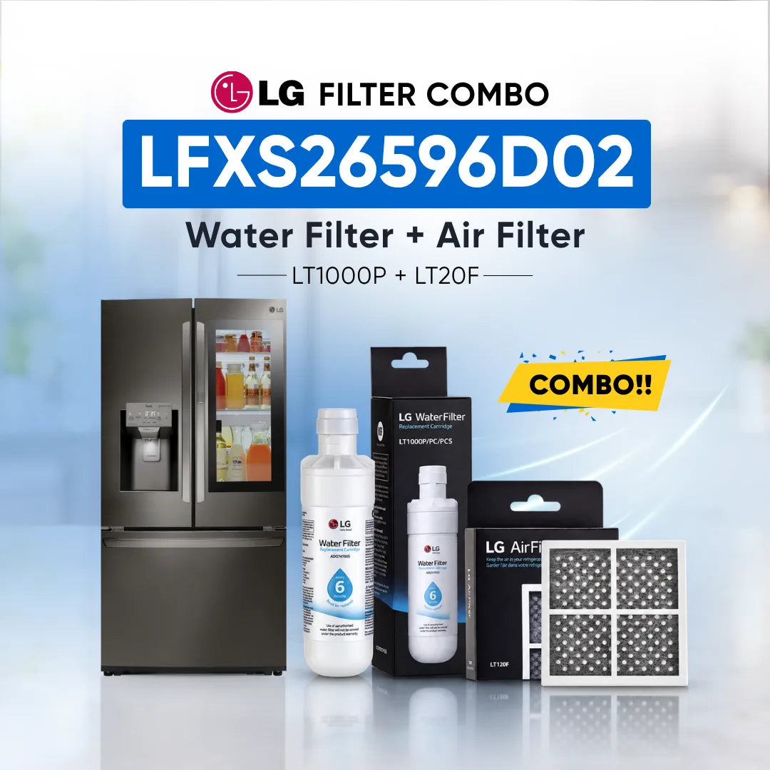 LG Filter Combo LF29H8330S02 water filter and air filter set shown with a stainless steel refrigerator, LG Water Filter bottle, LG Water Filter cartridge box, LG Air Filter box, and a replacement air filter on a light blue background with product text and a yellow combo badge.