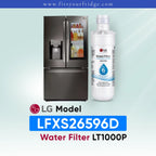 LG LFXS26596D refrigerator with compatible LG LT1000P water filter shown beside a black stainless steel French door refrigerator with InstaView door panel, FitsYourFridge compatibility image for replacement refrigerator water filter.