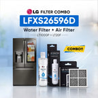 LG Filter Combo LFXS28596S00 water filter and air filter set shown with a stainless steel refrigerator, two LG Water Filter bottles, two LG Air Filter boxes, and two rectangular air filters on a light blue background with promotional text.