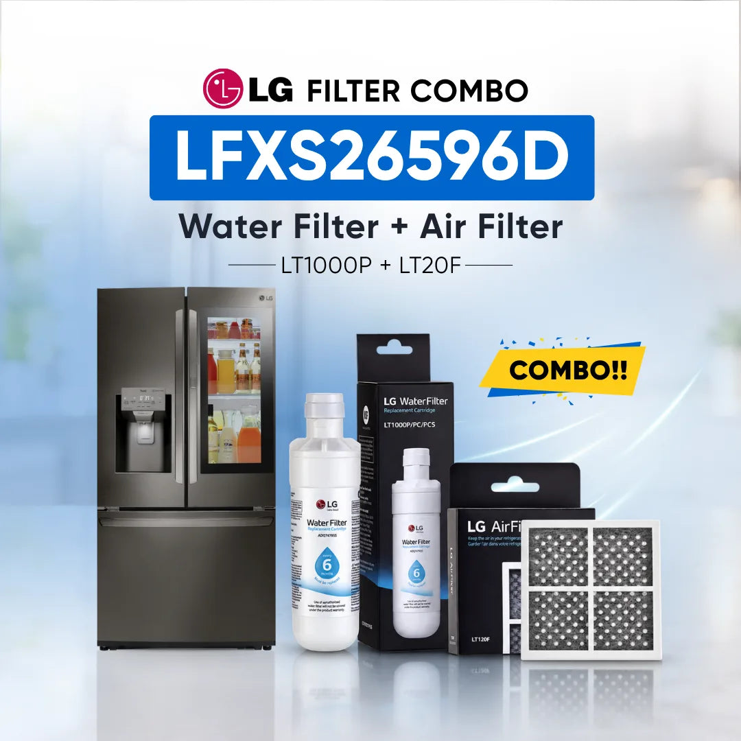 LG Filter Combo LFXS28596S00 water filter and air filter set shown with a stainless steel refrigerator, two LG Water Filter bottles, two LG Air Filter boxes, and two rectangular air filters on a light blue background with promotional text.