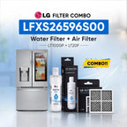 LG Filter Combo LFXS28596S00 water filter and air filter set shown with a stainless steel refrigerator, two LG Water Filter bottles, two LG Air Filter boxes, and two rectangular air filters on a light blue background with promotional text.