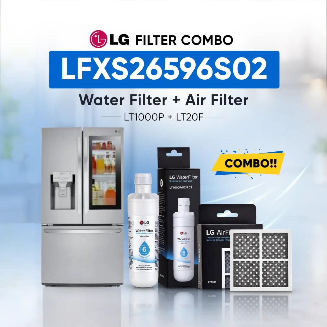 LG refrigerator LFXS26596S02 water filter and air filter set shown with a stainless steel refrigerator, two LG Water Filter bottles, two LG Air Filter boxes, and two rectangular air filters on a light blue background with promotional text.