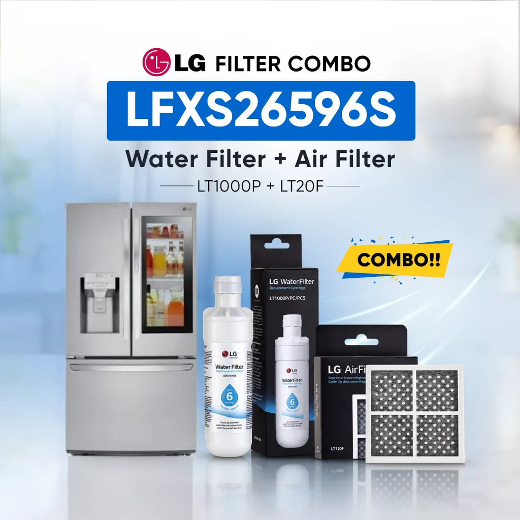 LG Filter Combo LFXS28596S00 water filter and air filter set shown with a stainless steel refrigerator, two LG Water Filter bottles, two LG Air Filter boxes, and two rectangular air filters on a light blue background with promotional text.