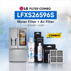 LG Filter Combo LFXS28596S00 water filter and air filter set shown with a stainless steel refrigerator, two LG Water Filter bottles, two LG Air Filter boxes, and two rectangular air filters on a light blue background with promotional text.