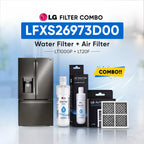 LG refrigerator LFXS26973D00 water filter and air filter set shown with a stainless steel refrigerator, two LG Water Filter bottles, two LG Air Filter boxes, and two rectangular air filters on a light blue background with promotional text.