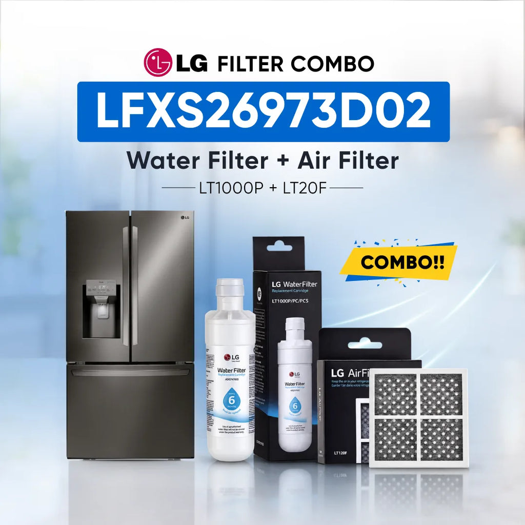 LG refrigerator LFXS26973D02 water filter and air filter set shown with a stainless steel refrigerator, two LG Water Filter bottles, two LG Air Filter boxes, and two rectangular air filters on a light blue background with promotional text.