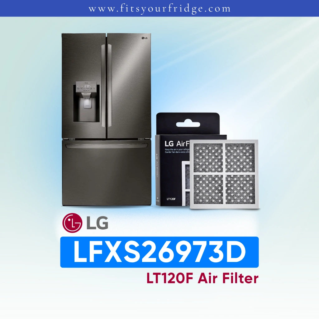 LG refrigerator LFXS26973D with air filter packaging on a light blue background