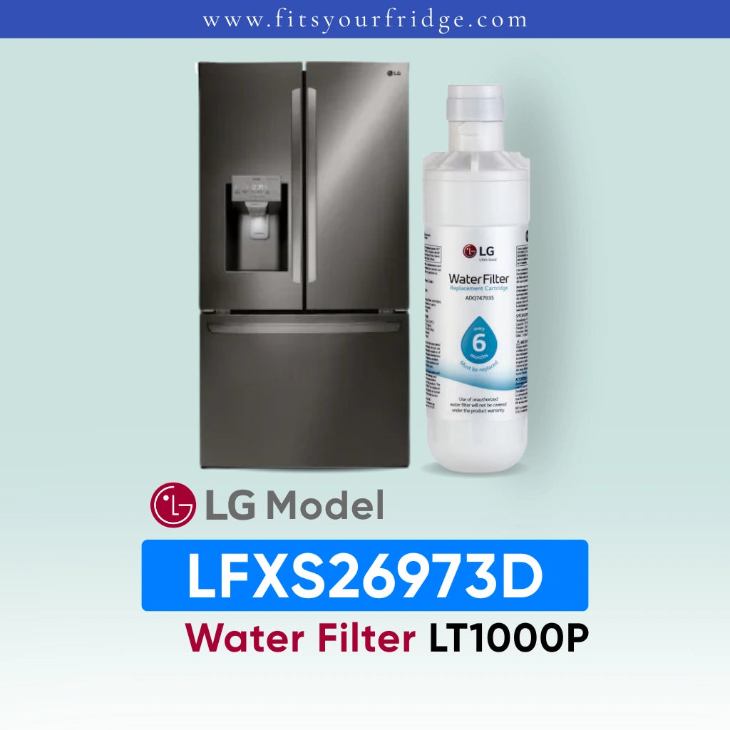 LG LFXS26973D refrigerator with water filter and bottle on a light blue background