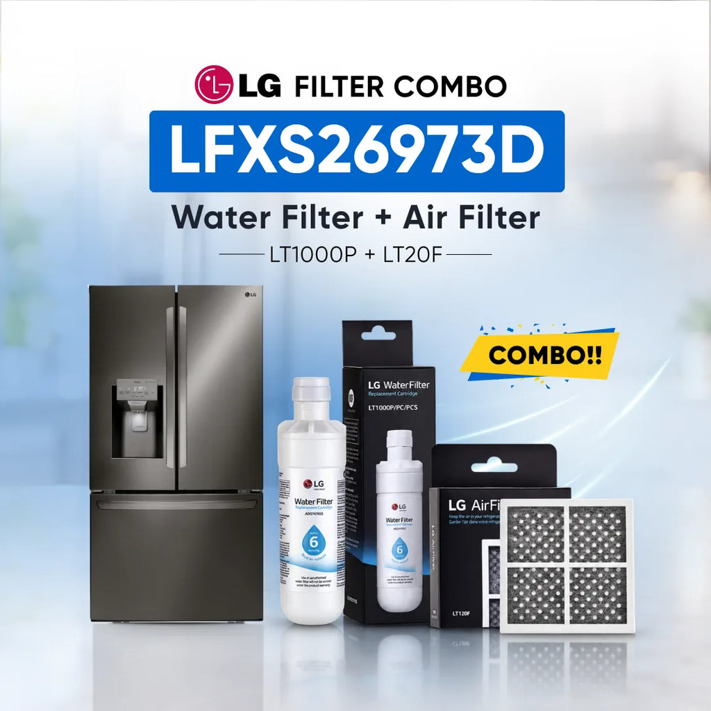 LG refrigerator LFXS26973D water filter and air filter set shown with a stainless steel refrigerator, two LG Water Filter bottles, two LG Air Filter boxes, and two rectangular air filters on a light blue background with promotional text.