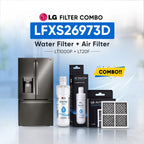 LG refrigerator LFXS26973D water filter and air filter set shown with a stainless steel refrigerator, two LG Water Filter bottles, two LG Air Filter boxes, and two rectangular air filters on a light blue background with promotional text.