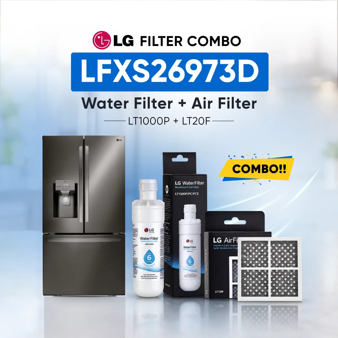 LG refrigerator LFXS26973D water filter and air filter set shown with a stainless steel refrigerator, two LG Water Filter bottles, two LG Air Filter boxes, and two rectangular air filters on a light blue background with promotional text.