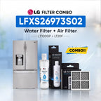 LG refrigerator LFXS26973S02 water filter and air filter set shown with a stainless steel refrigerator, two LG Water Filter bottles, two LG Air Filter boxes, and two rectangular air filters on a light blue background with promotional text.