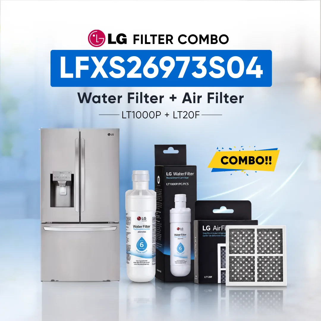 LG refrigerator LFXS26973S04 water filter and air filter set shown with a stainless steel refrigerator, two LG Water Filter bottles, two LG Air Filter boxes, and two rectangular air filters on a light blue background with promotional text.