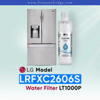 LG Refrigerator LFXS26973S Water Filter compatible with LG LT1000P water filter shown beside a stainless steel French door refrigerator, FitsYourFridge compatibility image for replacement refrigerator water filter.