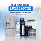 LG refrigerator LFXS26973S water filter and air filter set shown with a stainless steel refrigerator, two LG Water Filter bottles, two LG Air Filter boxes, and two rectangular air filters on a light blue background with promotional text.