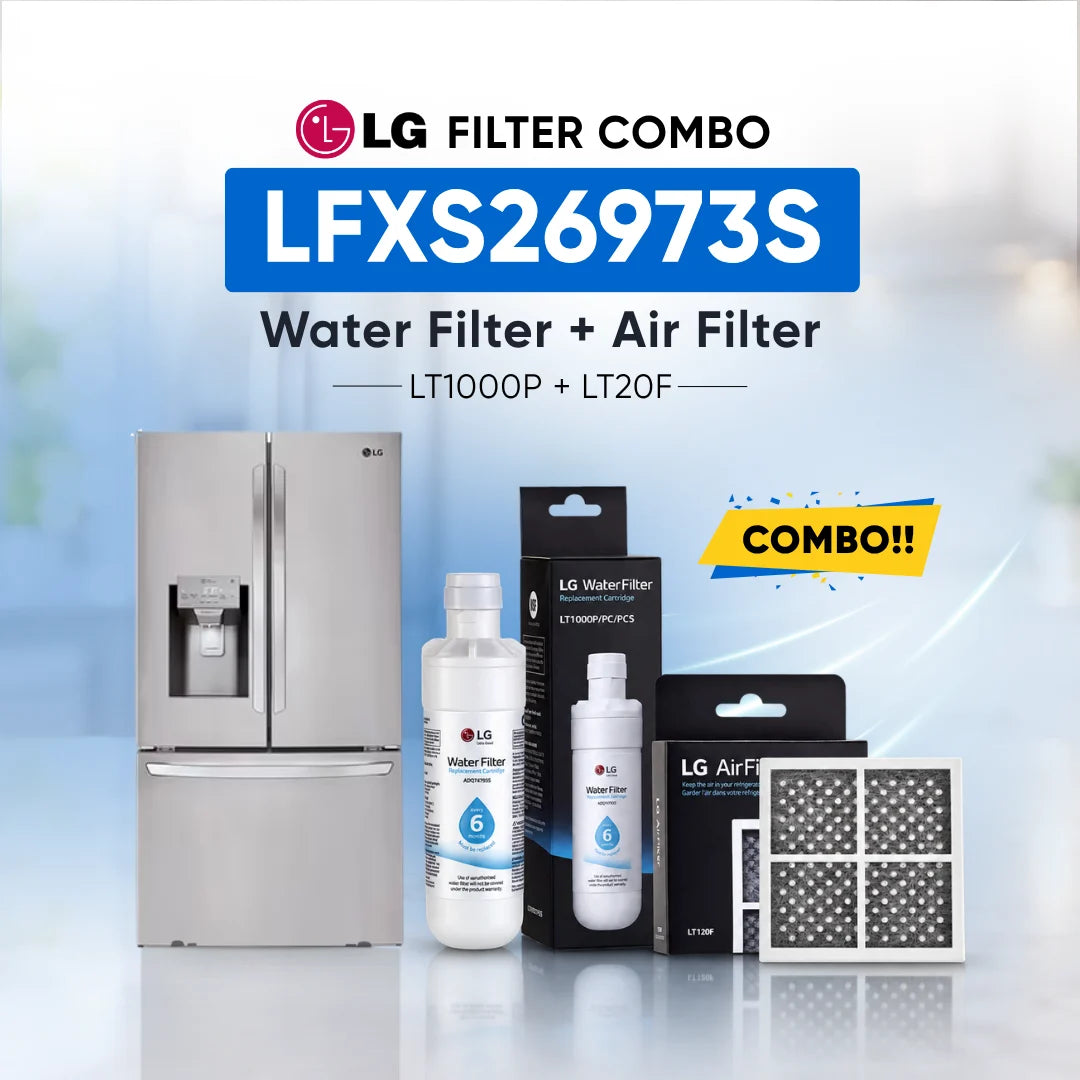 LG refrigerator LFXS26973S water filter and air filter set shown with a stainless steel refrigerator, two LG Water Filter bottles, two LG Air Filter boxes, and two rectangular air filters on a light blue background with promotional text.
