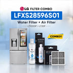 LG LFXS28596S01 refrigerator filter Combo kit with LT1000P water filter and LT200F air filter, shown with a stainless steel refrigerator, two LG water filter bottles, two LG air filter boxes, and a replacement air filter on a light blue background with promotional text.