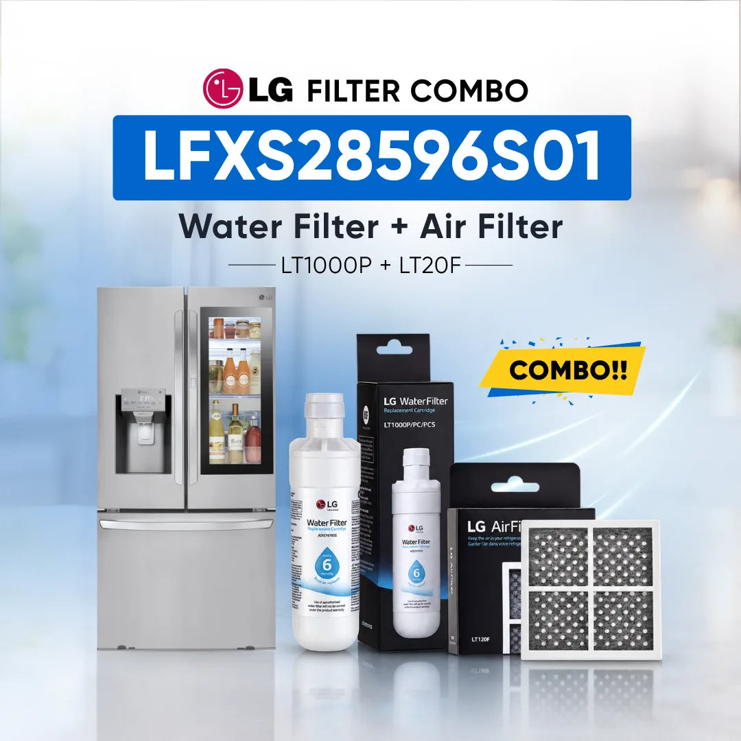 LG LFXS28596S01 refrigerator filter Combo kit with LT1000P water filter and LT200F air filter, shown with a stainless steel refrigerator, two LG water filter bottles, two LG air filter boxes, and a replacement air filter on a light blue background with promotional text.
