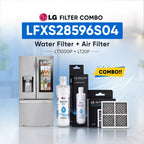 LG Filter Combo LFXS28596S00 water filter and air filter set shown with a stainless steel refrigerator, two LG Water Filter bottles, two LG Air Filter boxes, and two rectangular air filters on a light blue background with promotional text.
