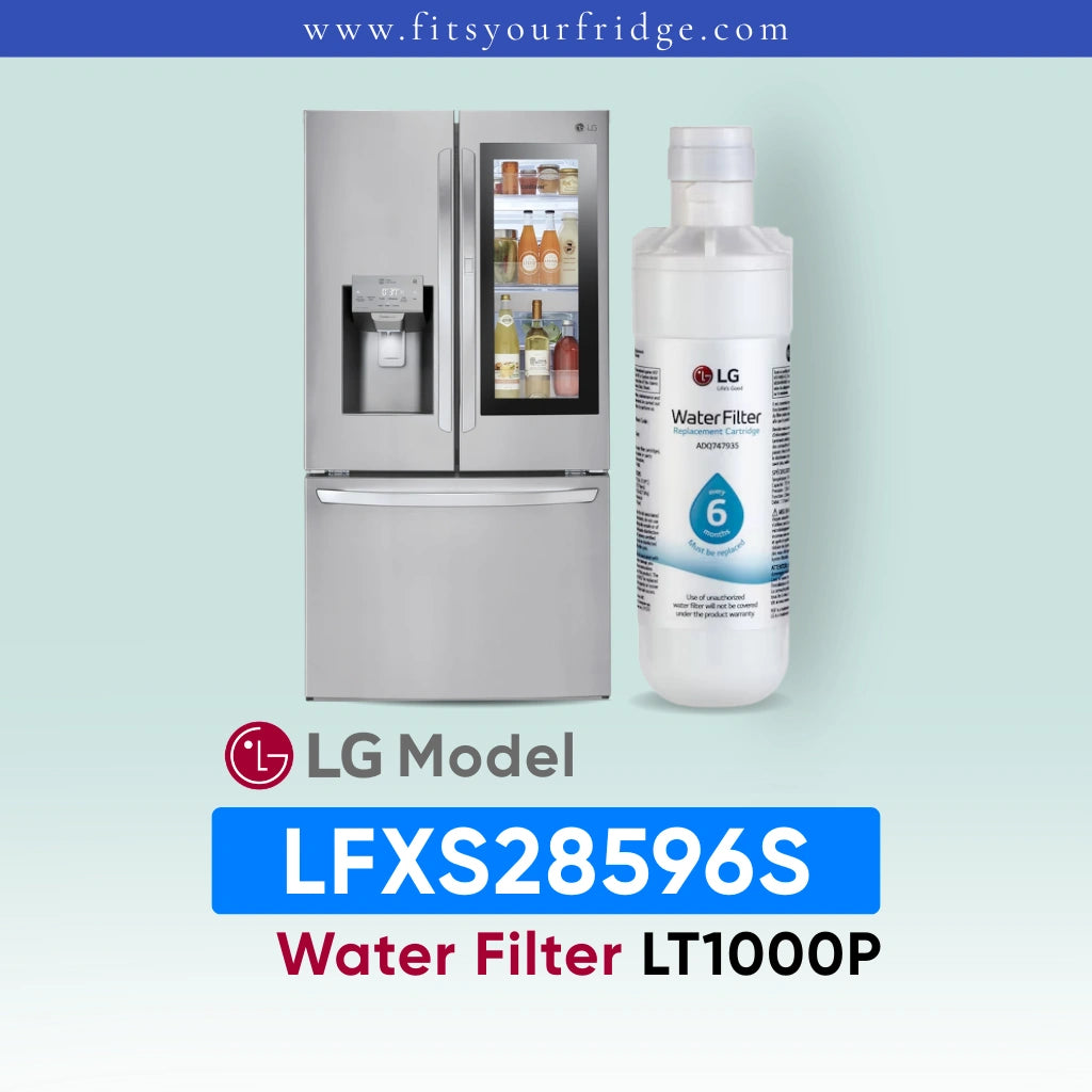 LG LFXS28596S water filter with refrigerator and bottle on a light blue background