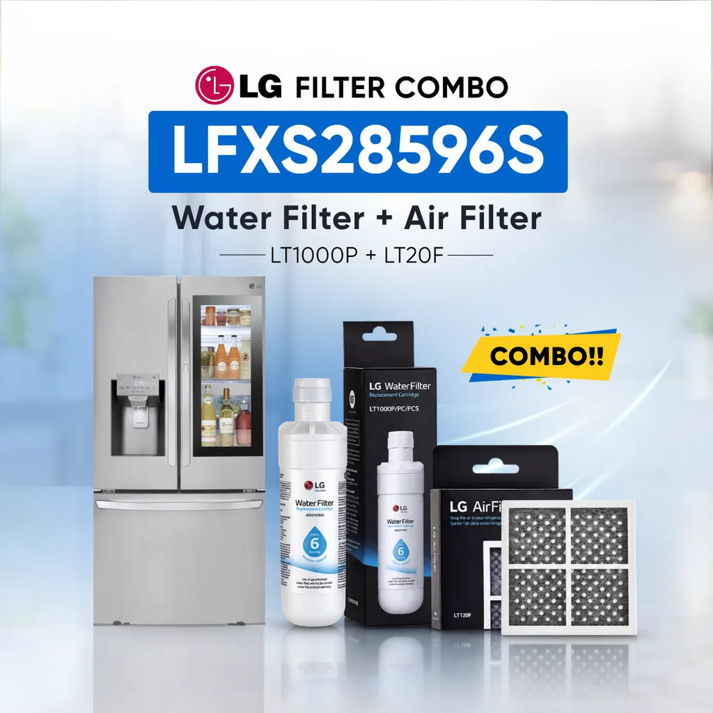 LG Filter Combo LFXS28596S water filter and air filter kit for LT1000P and LT200F refrigerators, shown with a stainless steel refrigerator, two LG water filter bottles, two LG air filter boxes, and a replacement air filter on a light blue background with promotional text.