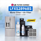 LG refrigerator LFXS28968S water filter and air filter set shown with a stainless steel refrigerator, two LG Water Filter bottles, two LG Air Filter boxes, and two rectangular air filters on a light blue background with promotional text.