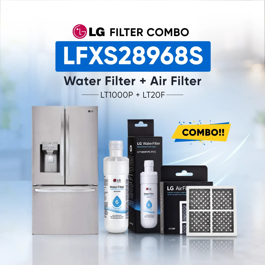 LG refrigerator LFXS28968S water filter and air filter set shown with a stainless steel refrigerator, two LG Water Filter bottles, two LG Air Filter boxes, and two rectangular air filters on a light blue background with promotional text.